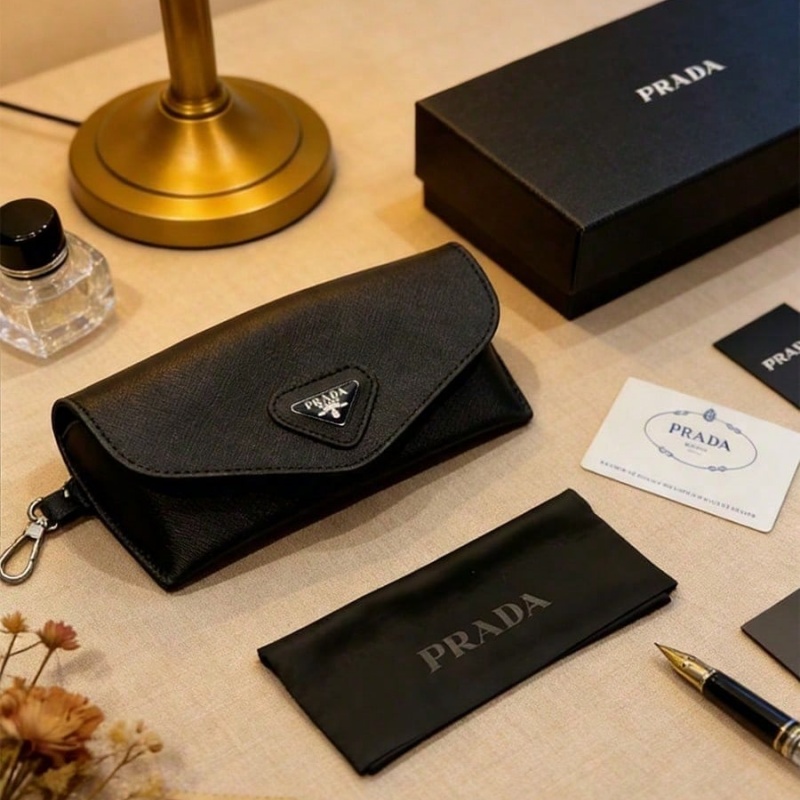 Women Bags Prada - กล่องใส่แว่นตาหนังสีดำของ Prada พร้อมโลโก้โลหะรูปสามเหลี่ยมสุดหรู กระเป๋าเก็บแว่นตาพร้อมพวงกุญแจแบบถอดได้ ป้องกันแว่นตาอย่างนุ่มนวล
