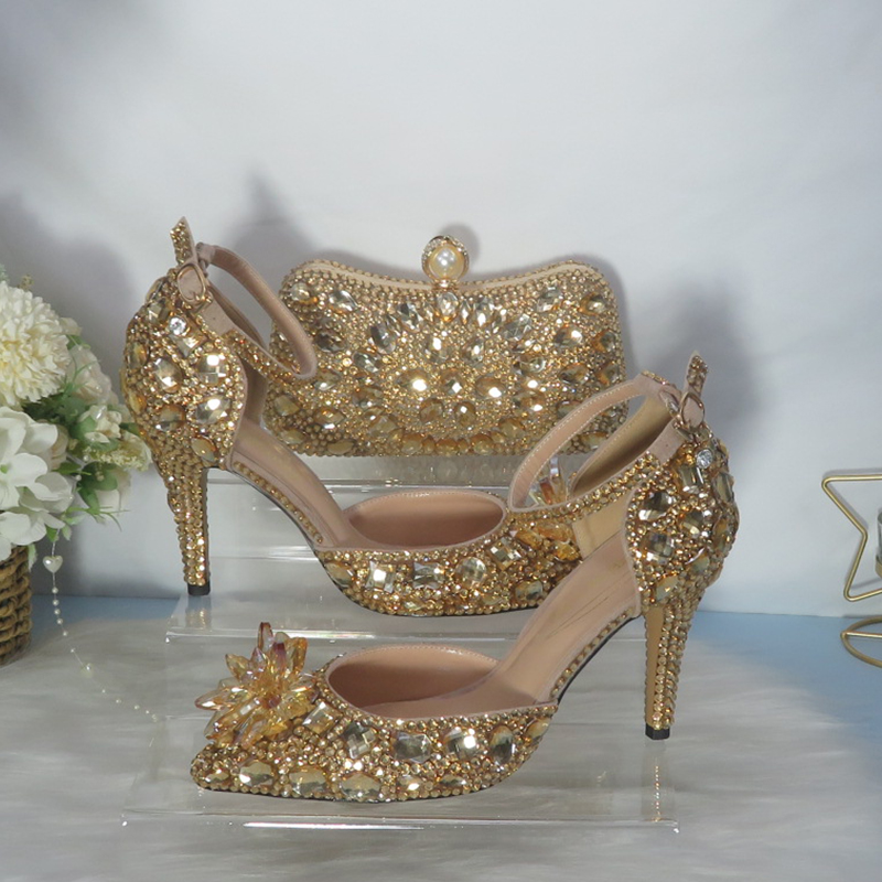 Women Bags For Party - 2021 ใหม่คริสตัลสีทอง Bridals รองเท้าแต่งงานพร้อมกระเป๋าคู่ Rhinestone รองเท้าส้นสูงสายรัดข้อเท้าผู้หญิง