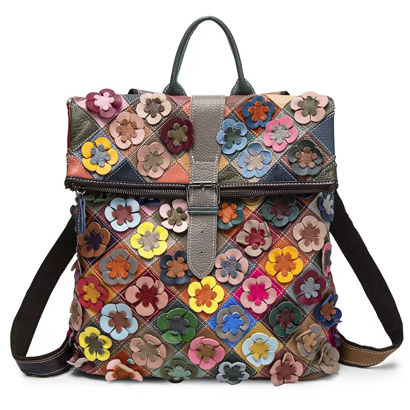 Women Bags Casual - กระเป๋าเป้สะพายหลังหนังแท้สไตล์วินเทจสำหรับผู้หญิง กระเป๋าหนังวัวแท้ลายดอกไม้ กระเป๋าสะพายไหล่แฟชั่นแบบเย็บปะติดปะต่อ กระเป๋าเดินทางหนังวัวสำหรับผู้หญิง