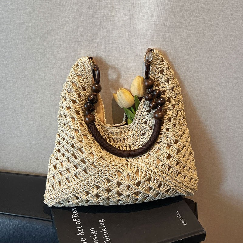 Woven Straw Bag - กระเป๋าสะพายไหล่สานจากฟางความจุขนาดใหญ่สไตล์วันพักผ่อนริมชายหาด กระเป๋าถือแฟชั่นใหม่ปี 2026 สำหรับผู้หญิง สีพื้นเรียบง่าย