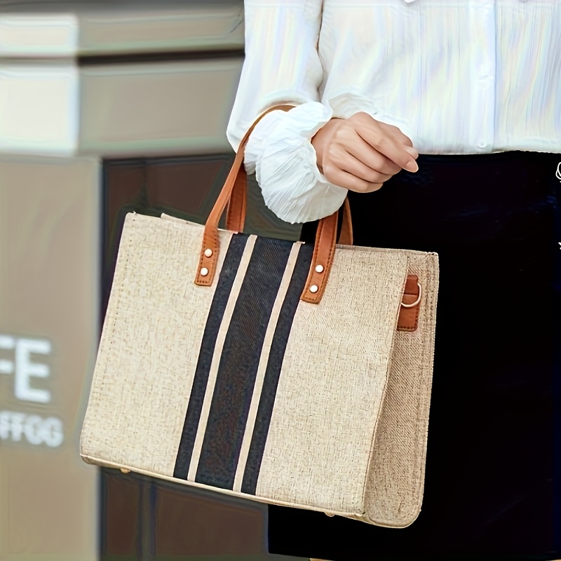 Women'S Work Bags Designer - กระเป๋าผ้าแคนวาสสำหรับผู้หญิงมีสไตล์ กระเป๋าสะพายลายทางสีดำ-น้ำเงิน สำหรับทำงาน ไปโรงเรียน ช้อปปิ้ง ไปเที่ยวชายหาด