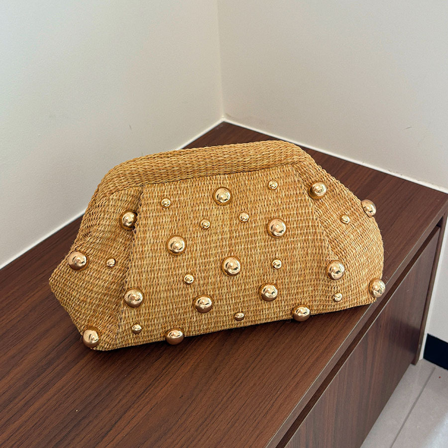 Women'S Bags Holiday - กระเป๋าคลัทช์สานฟางสไตล์วันหยุดฝรั่งเศส ประดับลูกปัดโลหะทรงกลม กระเป๋าสำหรับงานเลี้ยงอาหารค่ำ กระเป๋าสะพายข้าง