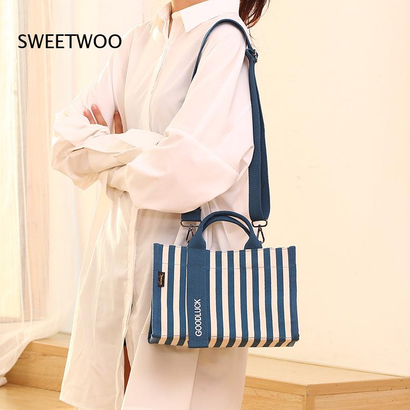 Women Hand Bags For Office - กระเป๋าผ้าแคนวาสลายทางแนวตั้งขนาดเล็ก ปี 2026 ใช้งานได้หลายแบบ สะพายมือ สะพายไหล่