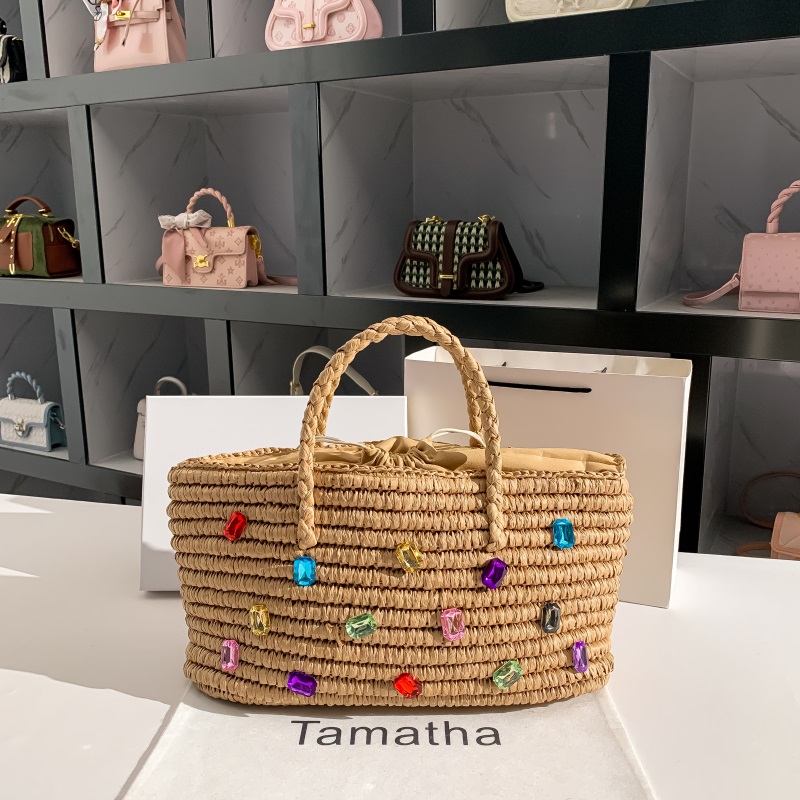 Women'S Bags Holiday - กระเป๋าถือสานด้วยมือทำจากฟางสำหรับผู้หญิงกระเป๋าโท้ทประดับเพชรพลอยเทียมติดคริสตัลกระเป๋าทรงจีบความจุขนาดใหญ่ฤดูร้อน