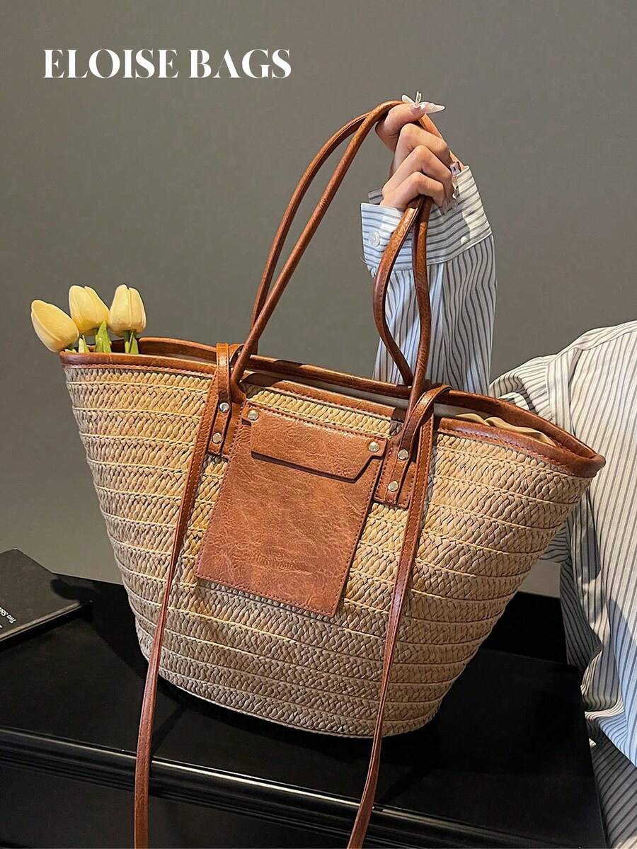 Woven Straw Bag - กระเป๋าถือสานขนาดใหญ่สำหรับแฟชั่น, กระเป๋าสะพายไหล่/ใต้แขนสำหรับวันพักผ่อนริมชายหาด, กระเป๋าชายหาดที่สะดุดตาสำหรับฤดูร้อน