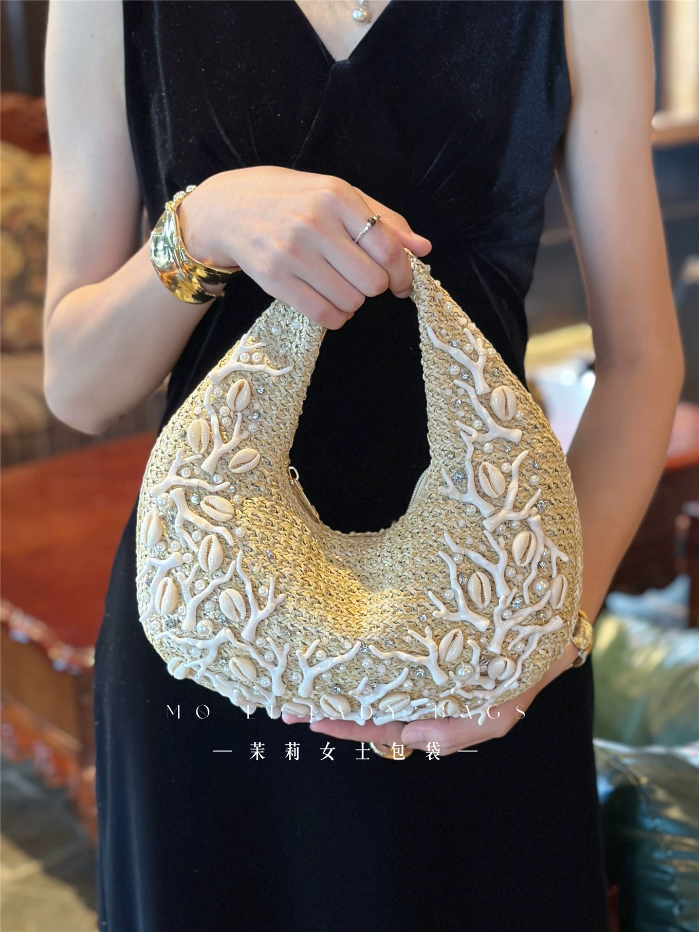 Women'S Bags Holiday - กระเป๋าถือสานฟางแฟชั่น งานแฮนด์เมด ประดับลูกปัดเปลือกหอย กระเป๋าถือผู้หญิงสุดหรู กระเป๋าคลัทช์ กระเป๋าสำหรับวันหยุดพักผ่อน