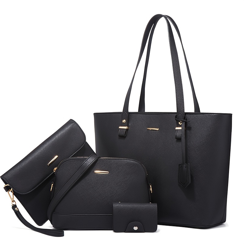 Women Bags Casual - ชุดกระเป๋าแฟชั่นผู้หญิง 4 ชิ้น สีพื้น กระเป๋าสะพายไหล่ทรงโท้ท สไตล์เรโทร
