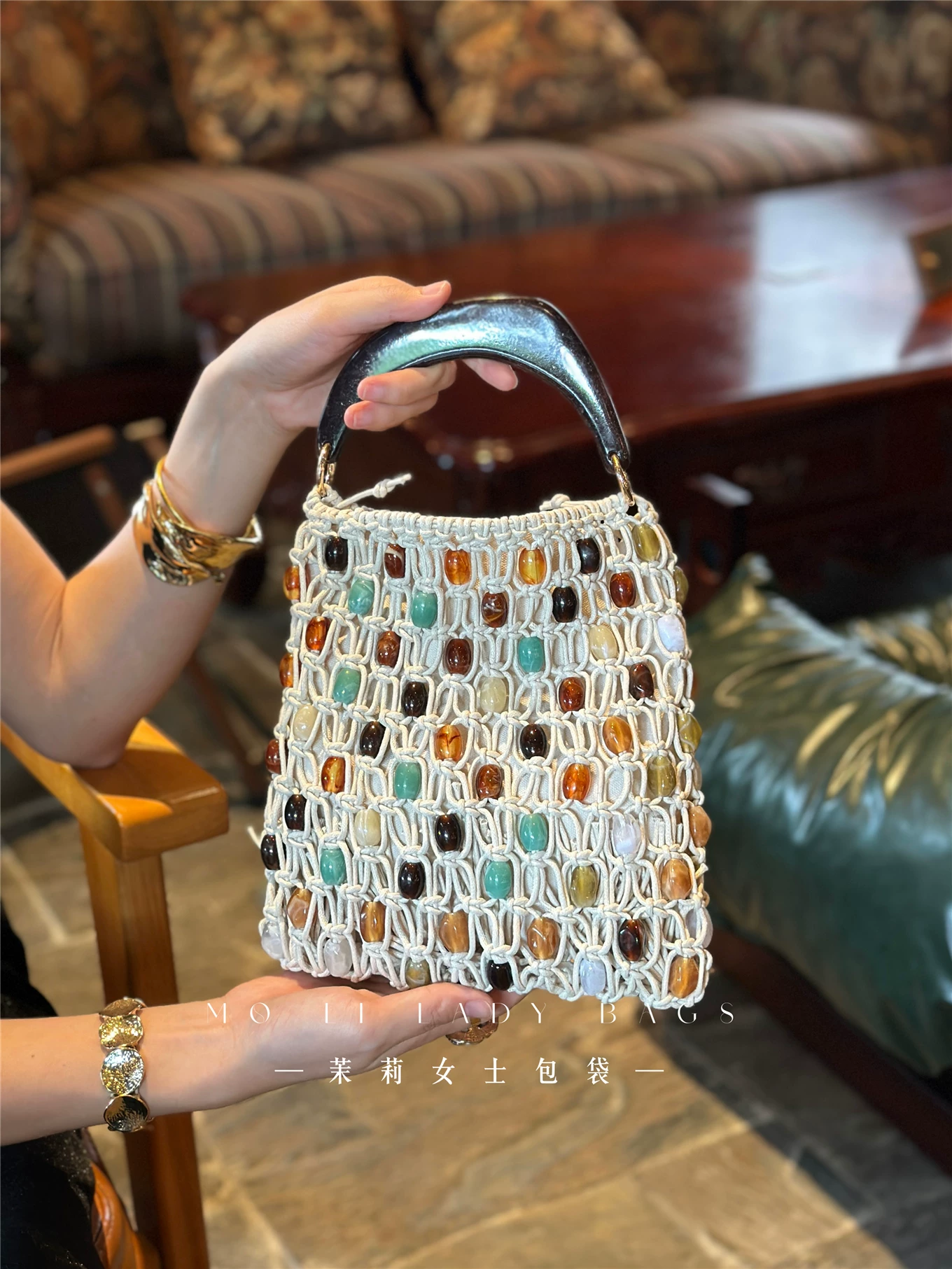 Women'S Bags Holiday - กระเป๋าถือสานลูกปัดแฟชั่น ทำมือ ทรงถัง โปร่งลายไม้ สำหรับผู้หญิง กระเป๋าสะพายลำลอง
